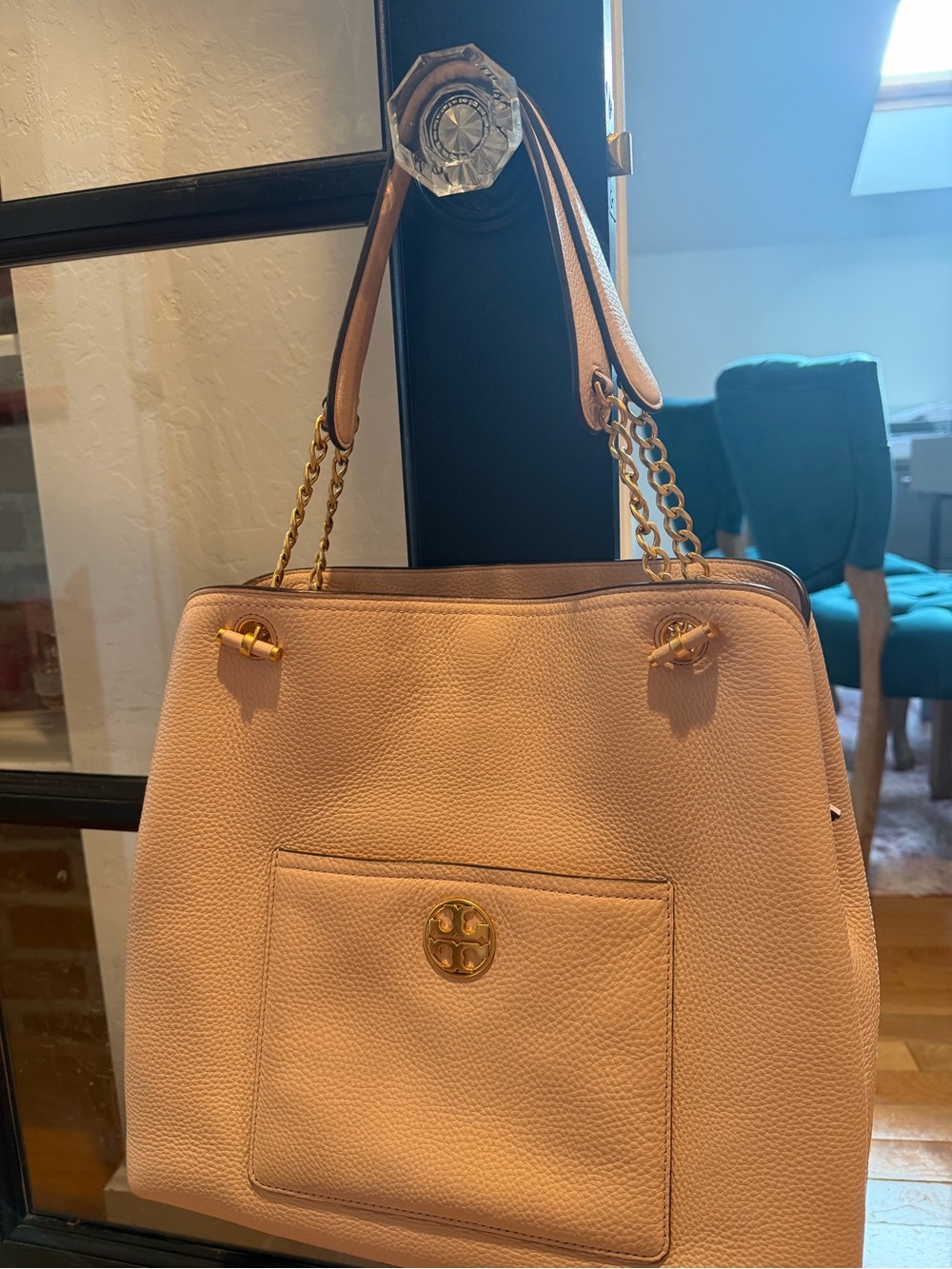 Tory Burch Blush Pink Pebbled Leather Shoulder Tote with Gold Chain Handles